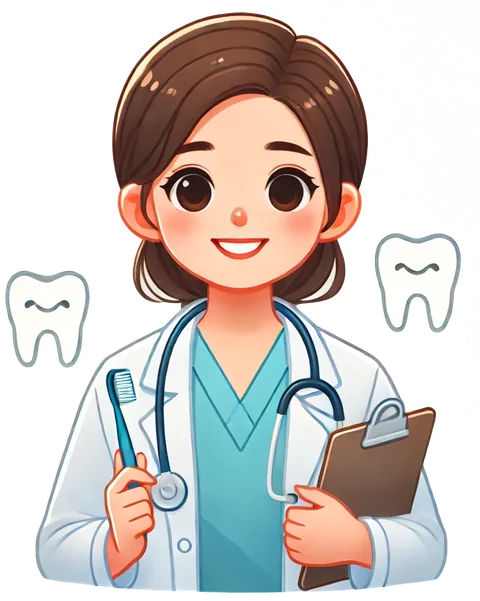 Illustrated portrait of Dr. Premieka in a white coat with a stethoscope, holding a toothbrush and a clipboard